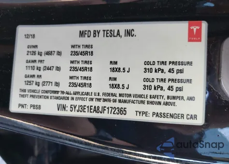 2018 Tesla Model 3 Long Range/Mid Range from USA, damaged, VIN 5YJ3E1EA8JF172365